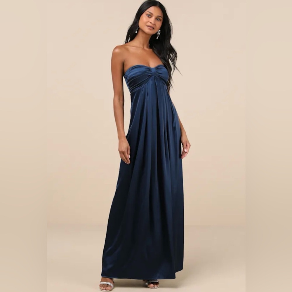 Lulus Memorable Entrance Dark Blue Strapless Satin Maxi Dress XL NWT